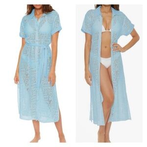 BECCA Gauzy Dress Blue Lace Collared Button-up Beach Cover Dress New With Tags